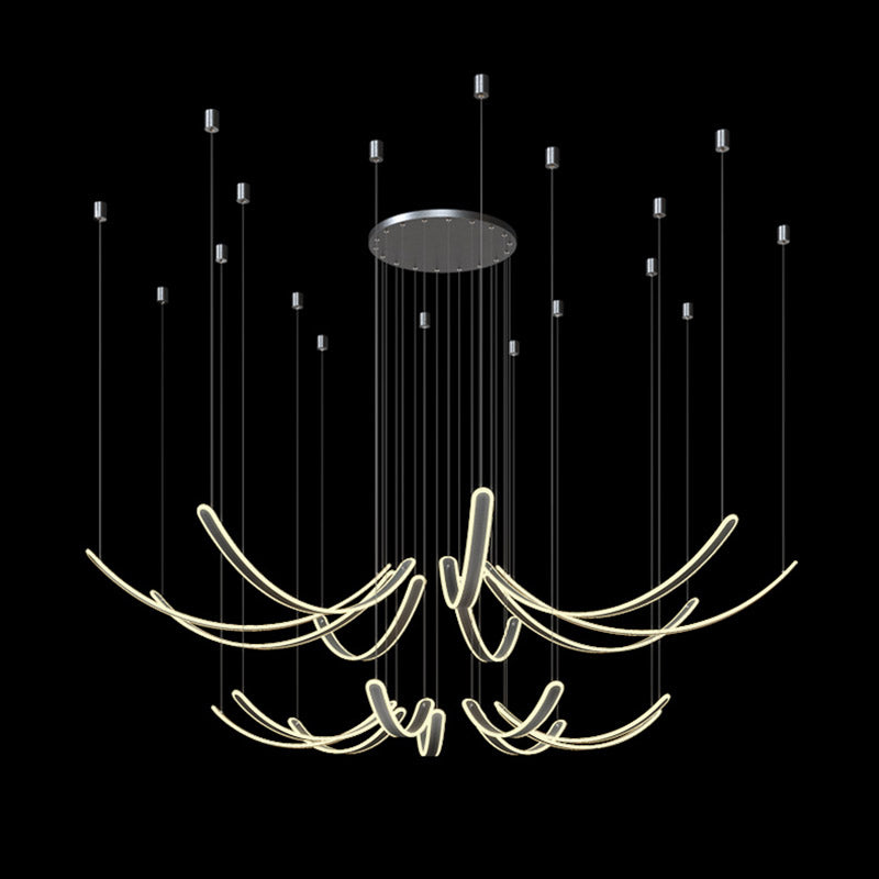 Curved LED Chandelier Minimalist Metal Living Room Villa Hanging Light in Black