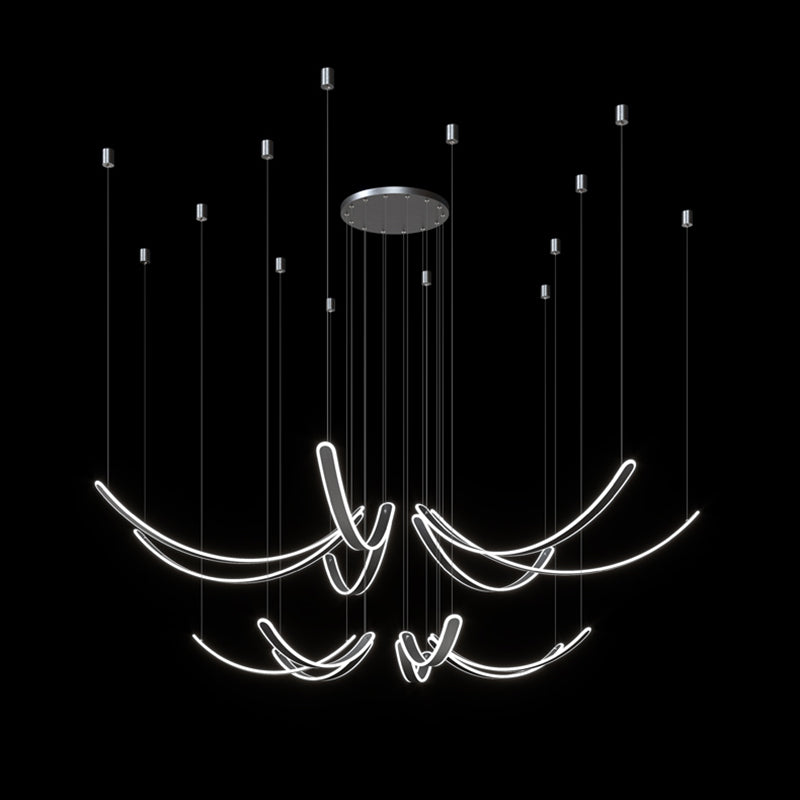 Curved LED Chandelier Minimalist Metal Living Room Villa Hanging Light in Black