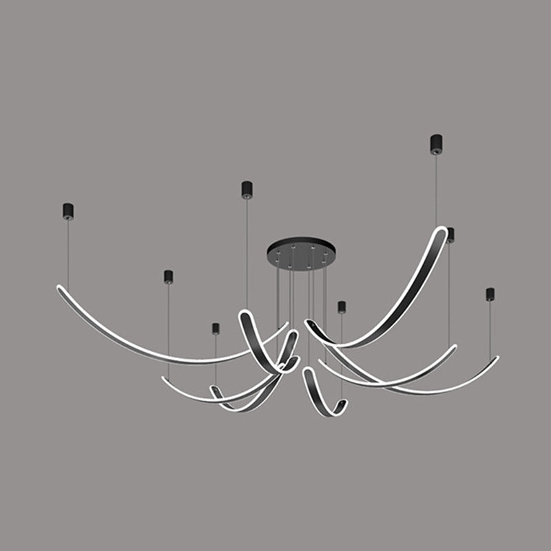 Curved LED Chandelier Minimalist Metal Living Room Villa Hanging Light in Black