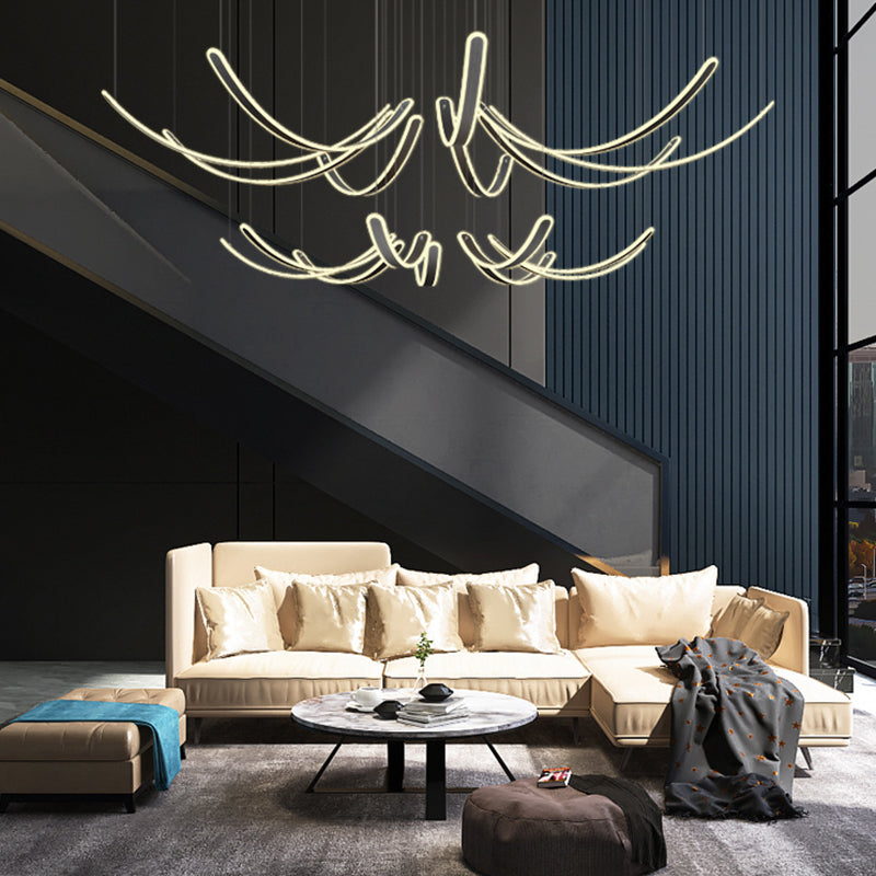 Curved LED Chandelier Minimalist Metal Living Room Villa Hanging Light in Black