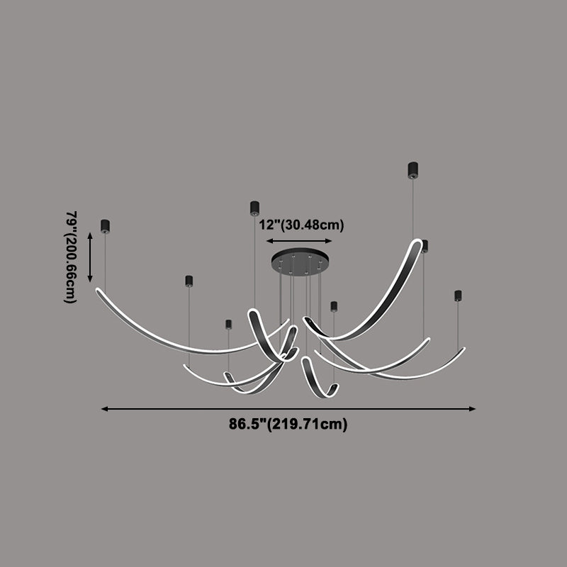 Curved LED Chandelier Minimalist Metal Living Room Villa Hanging Light in Black