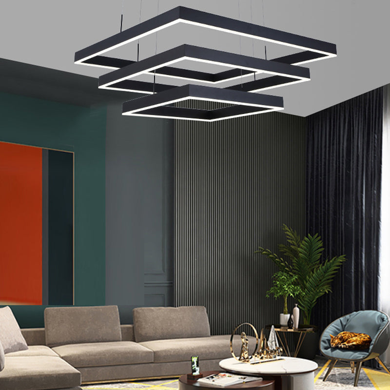 Minimalist Square LED Chandelier Metallic Living Room Suspension Light in Black