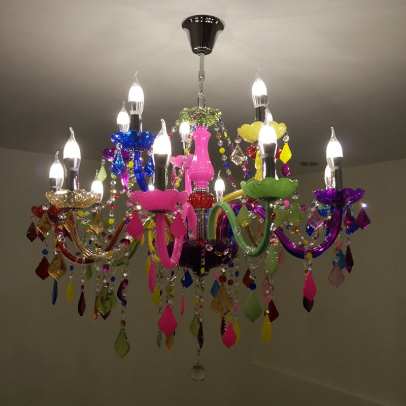 Colorful Candlestick Suspension Lighting Macaron Style Chandelier for Living Room