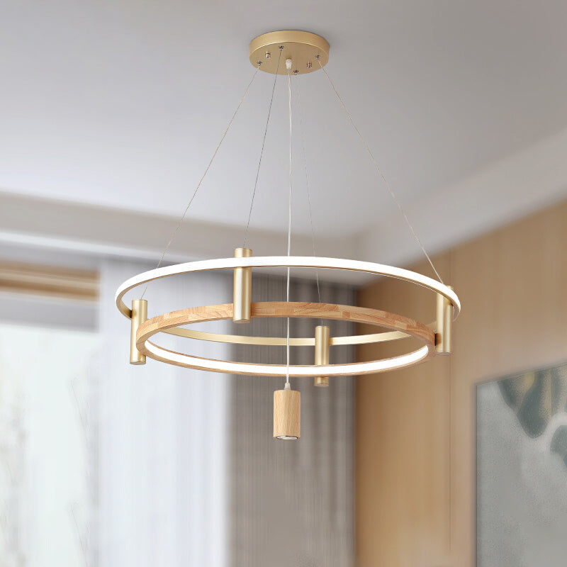 Natural Wood Circle Chandelier Simplicity LED Pendant Light with Spotlight