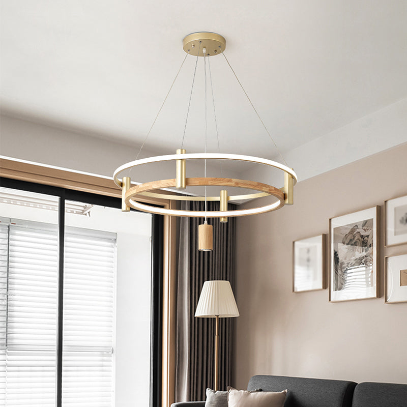 Natural Wood Circle Chandelier Simplicity LED Pendant Light with Spotlight