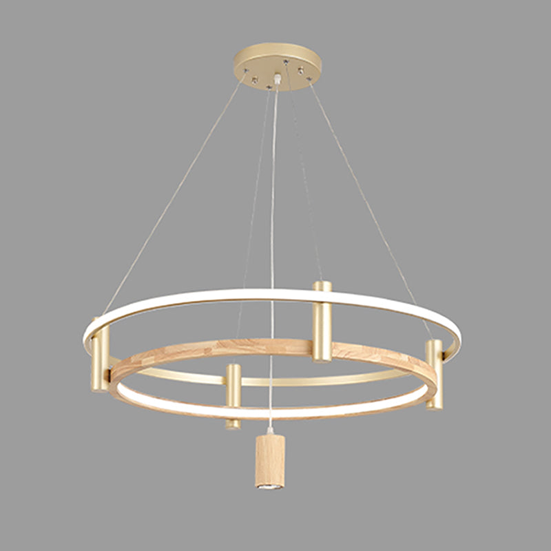 Natural Wood Circle Chandelier Simplicity LED Pendant Light with Spotlight