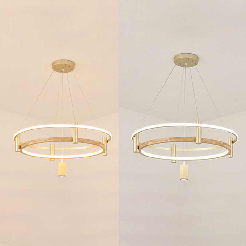 Natural Wood Circle Chandelier Simplicity LED Pendant Light with Spotlight