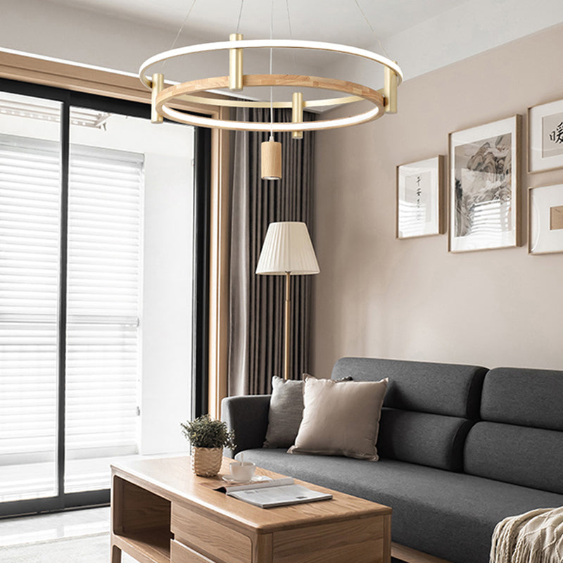 Natural Wood Circle Chandelier Simplicity LED Pendant Light with Spotlight