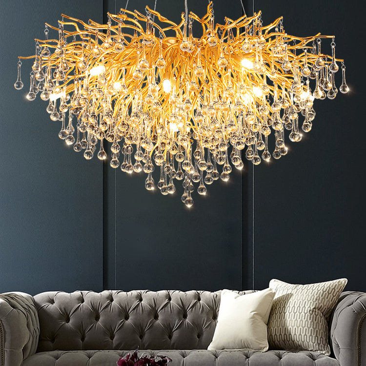 Gold Nest Chandelier Lighting Luxury Country Style Crystal Living Room Hanging Light