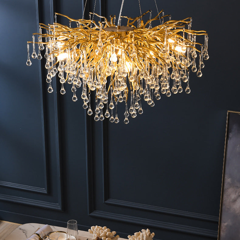 Gold Nest Chandelier Lighting Luxury Country Style Crystal Living Room Hanging Light