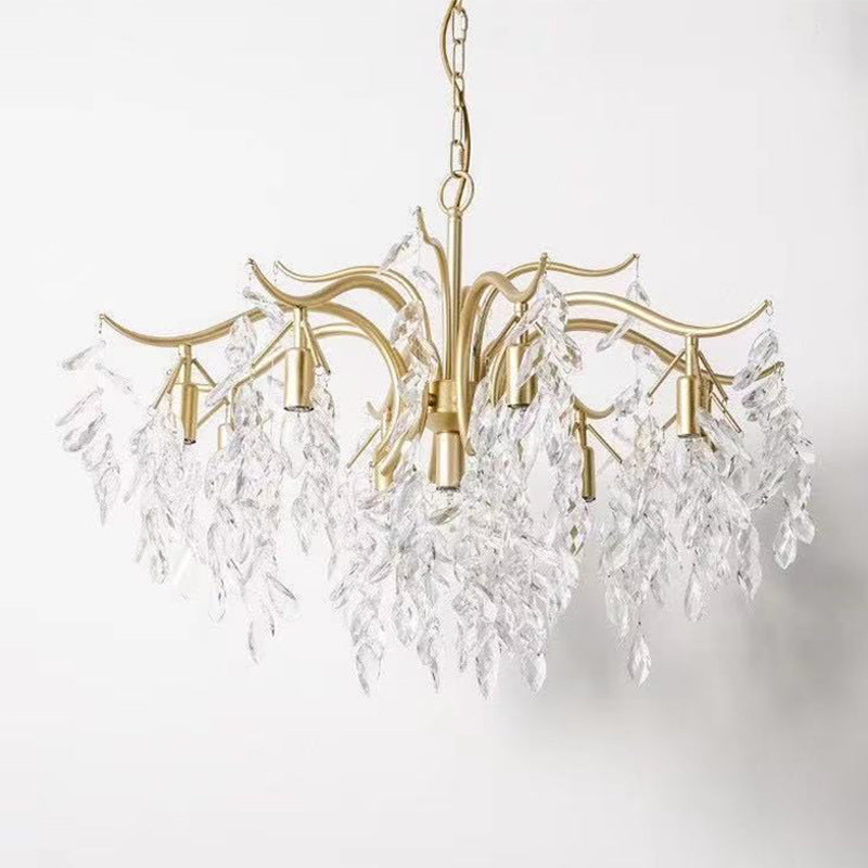 Crystal Leaf Pendant Light Fixture Country Style Living Room Chandelier in Gold
