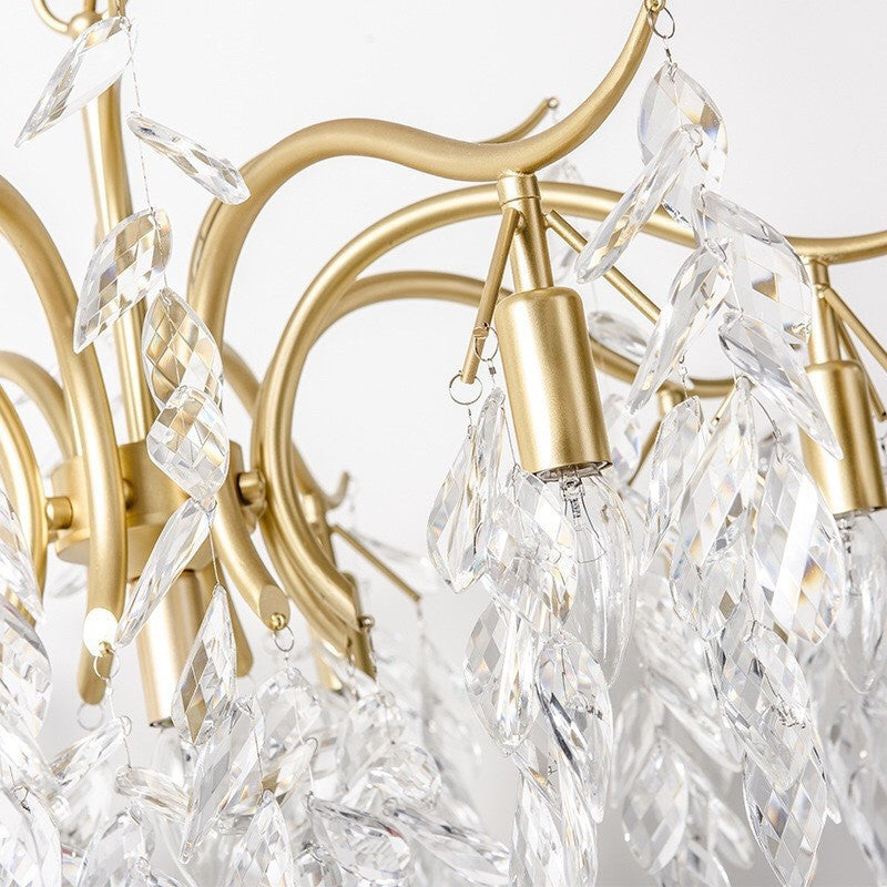 Crystal Leaf Pendant Light Fixture Country Style Living Room Chandelier in Gold
