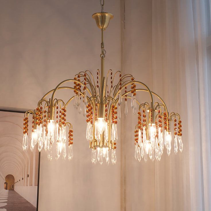 Country Style Branch Pendant Lamp Crystal Beading Chandelier in Brass for Cafe