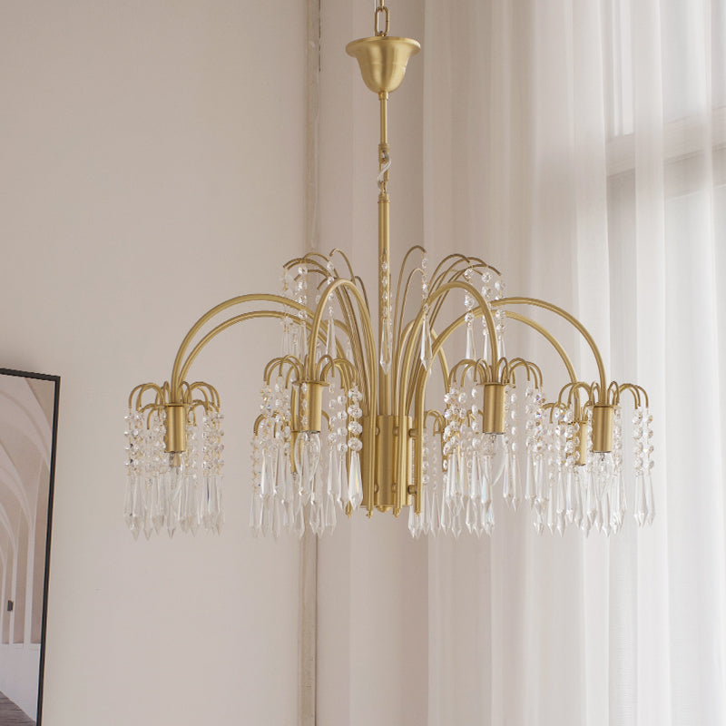 Country Style Branch Pendant Lamp Crystal Beading Chandelier in Brass for Cafe