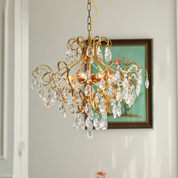 Brass Scrolls Chandelier Pendant Countryside Crystal Dining Room Hanging Light