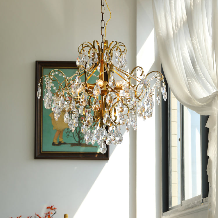 Brass Scrolls Chandelier Pendant Countryside Crystal Dining Room Hanging Light