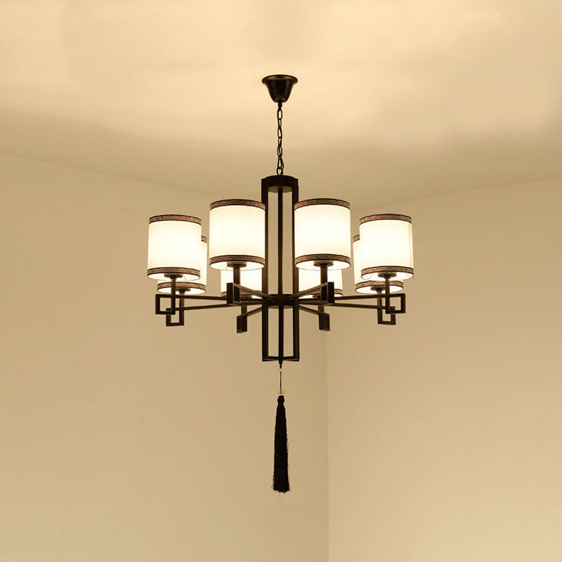 Cylindrical Fabric Suspension Lamp Retro Lobby Living Room Chandelier with Tassel