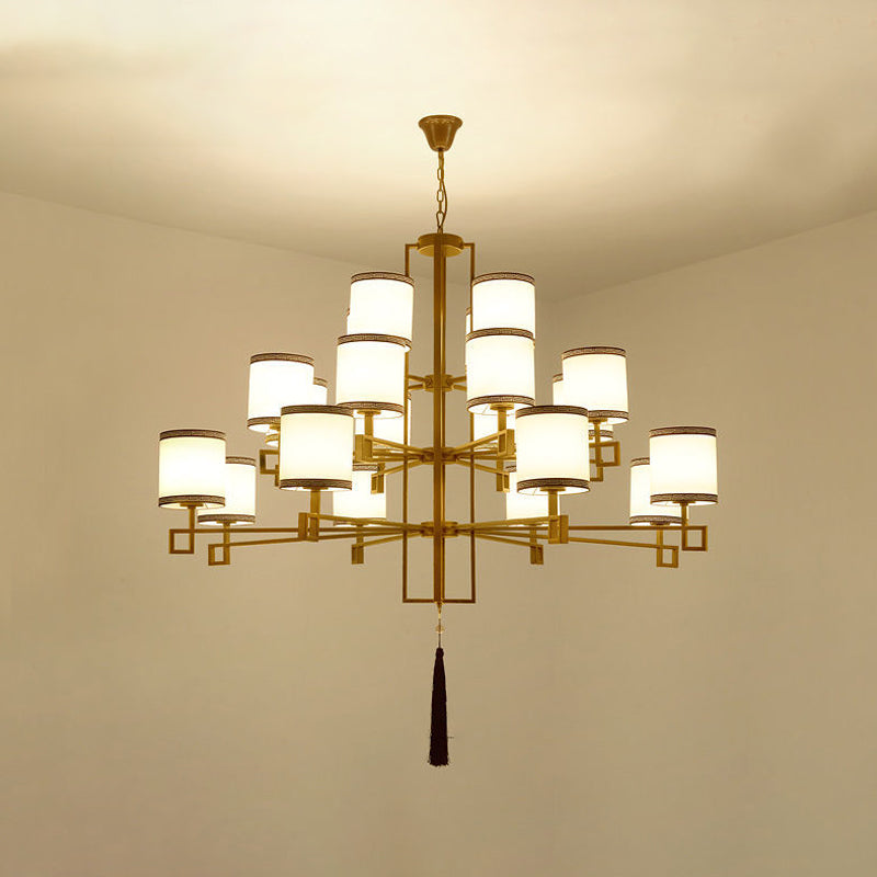 Cylindrical Fabric Suspension Lamp Retro Lobby Living Room Chandelier with Tassel