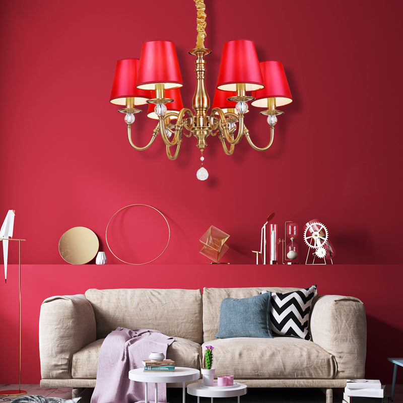 Fabric Red and Brass Chandelier Conical Country Style Pendant Light for Living Room