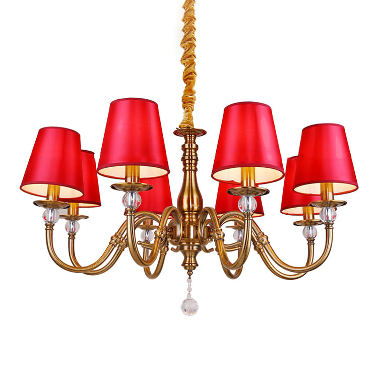 Fabric Red and Brass Chandelier Conical Country Style Pendant Light for Living Room