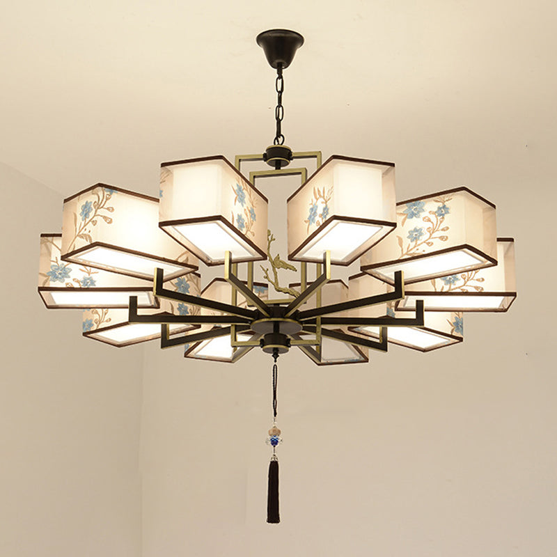 Rustic Embroidery Chandelier Fabric Suspended Lighting Fixture for Living Room