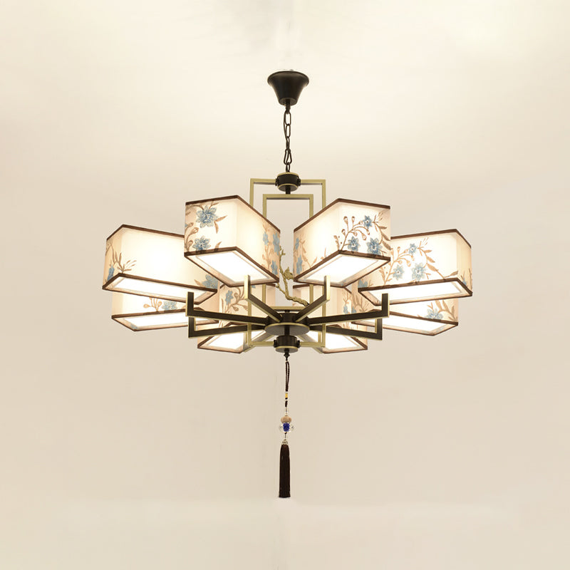 Rustic Embroidery Chandelier Fabric Suspended Lighting Fixture for Living Room