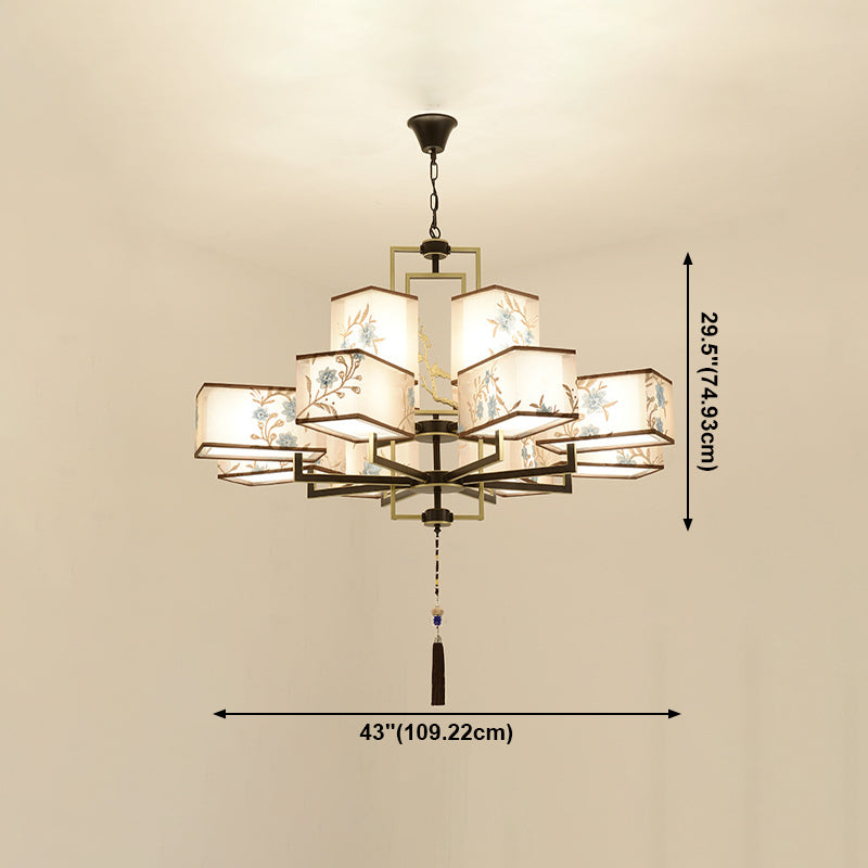 Rustic Embroidery Chandelier Fabric Suspended Lighting Fixture for Living Room