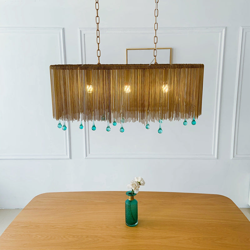Aluminum Tassel Chandelier Postmodern Brass Finish Hanging Lamp with Blue Crystal Drops