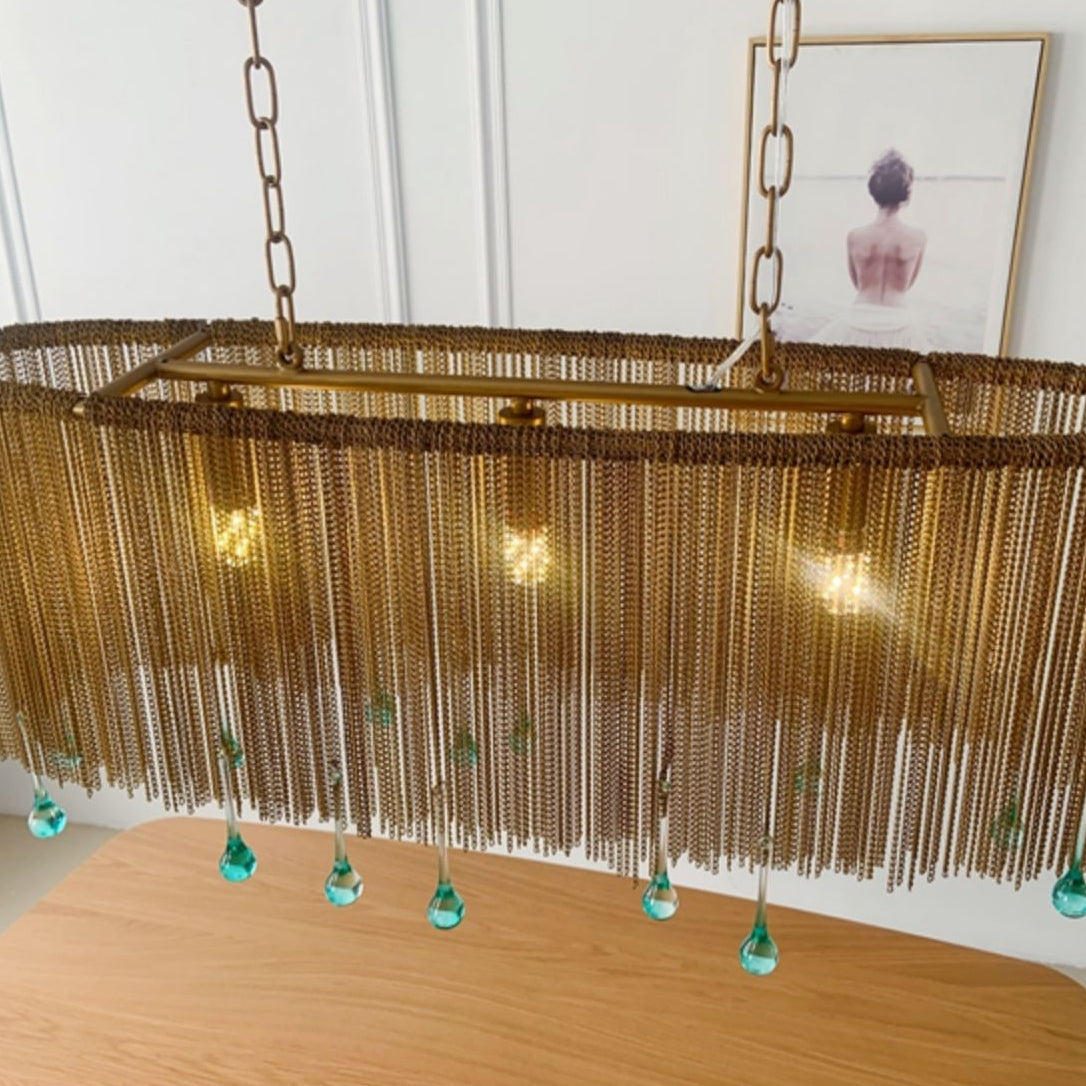Aluminum Tassel Chandelier Postmodern Brass Finish Hanging Lamp with Blue Crystal Drops