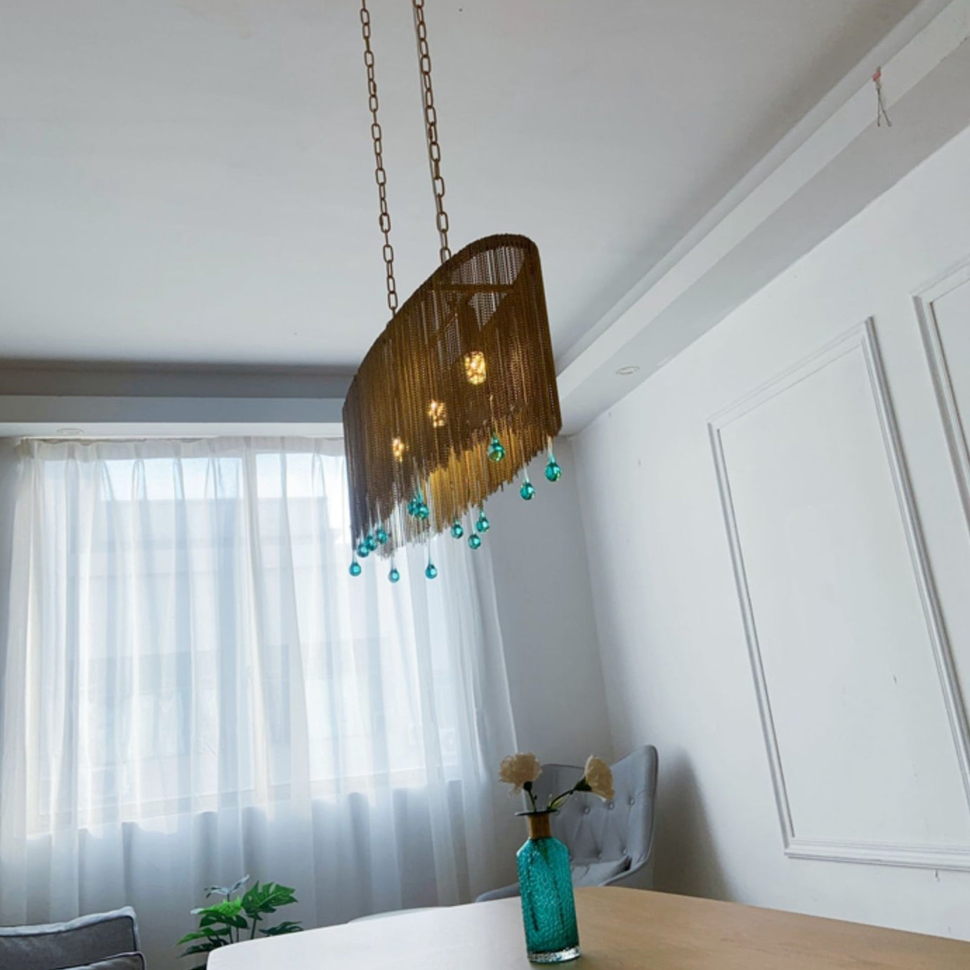 Aluminum Tassel Chandelier Postmodern Brass Finish Hanging Lamp with Blue Crystal Drops