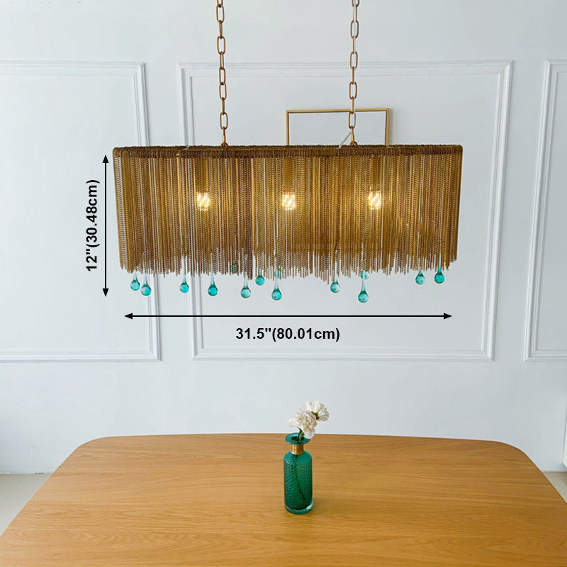 Aluminum Tassel Chandelier Postmodern Brass Finish Hanging Lamp with Blue Crystal Drops
