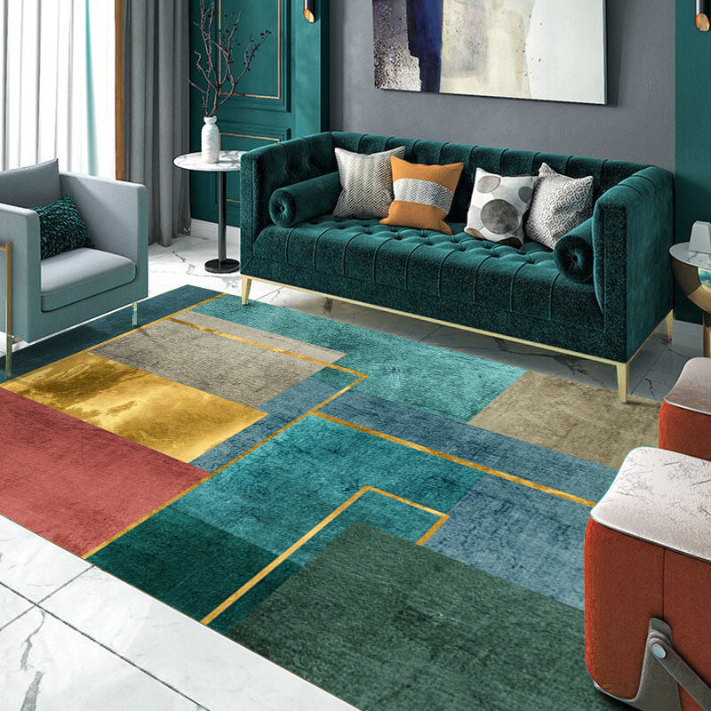 Blue Living Room Carpet Geometric Pattern Polyester Area Rug Non-Slip Backing Rug