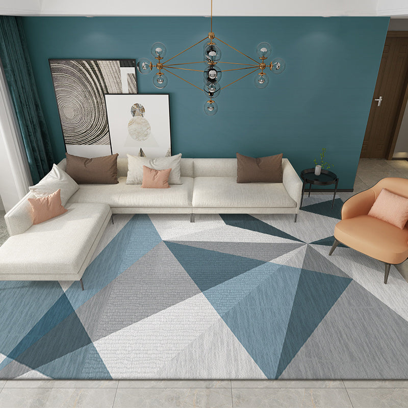 Blue Living Room Carpet Geometric Pattern Polyester Area Rug Non-Slip Backing Rug