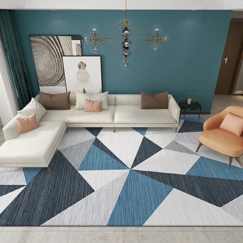 Blue Living Room Carpet Geometric Pattern Polyester Area Rug Non-Slip Backing Rug