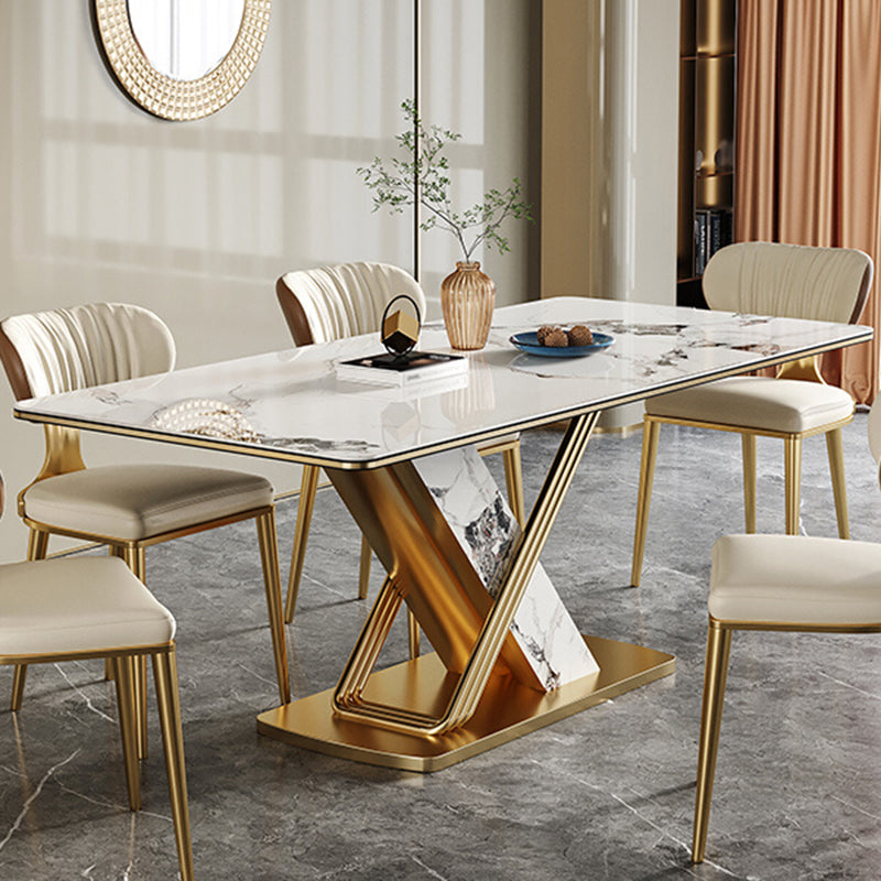 Traditional Luxury Style Dining Table Rectangle White Sintered Stone Table with Gold Frame
