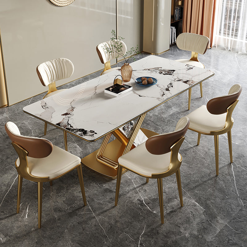 Traditional Luxury Style Dining Table Rectangle White Sintered Stone Table with Gold Frame