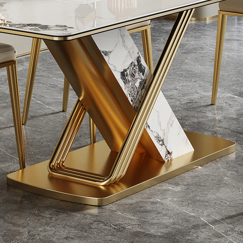 Traditional Luxury Style Dining Table Rectangle White Sintered Stone Table with Gold Frame