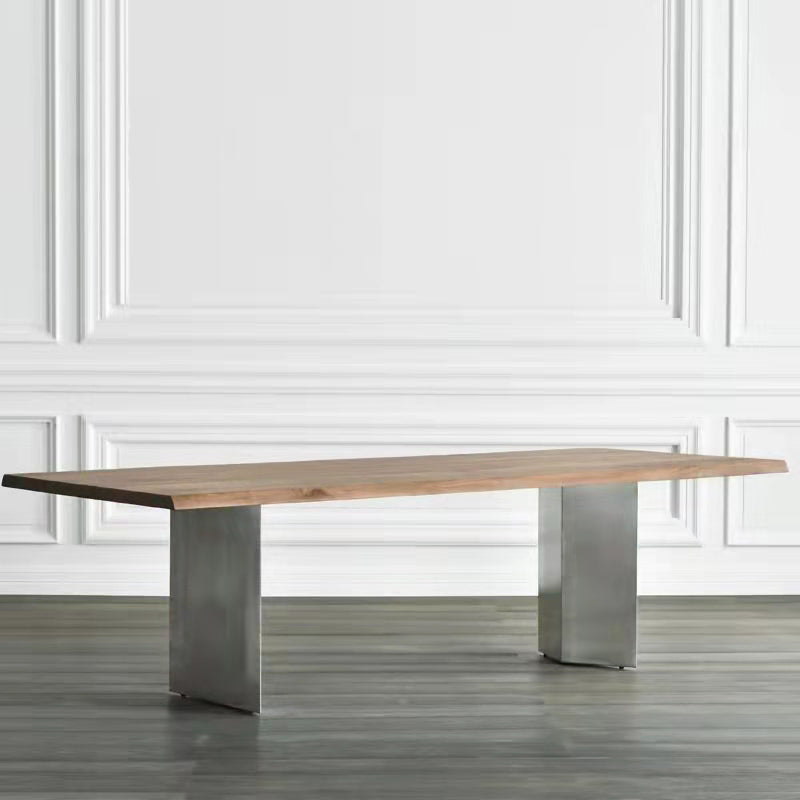 Mesa de comedor rectangular de color madera, mesa de madera maciza de pino, lujo con pedestal doble