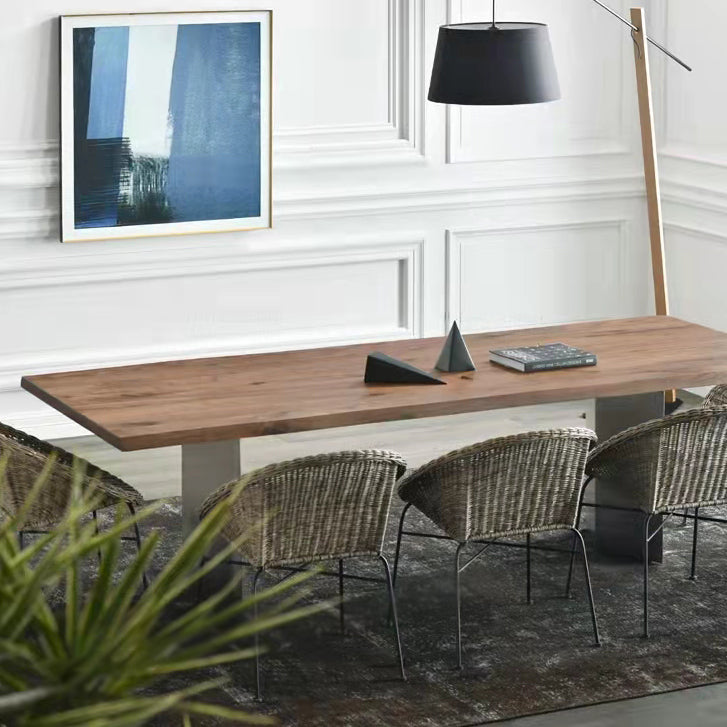 Mesa de comedor rectangular de color madera, mesa de madera maciza de pino, lujo con pedestal doble