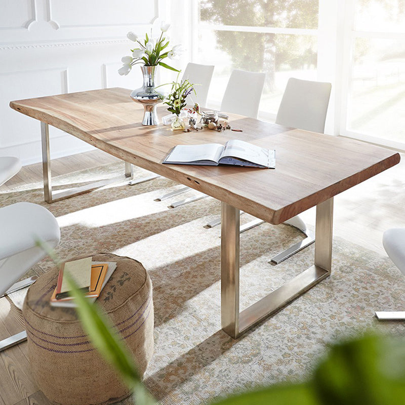 Mesa de madera maciza en tono marrón, mesa con base de trineo de lujo para comedor