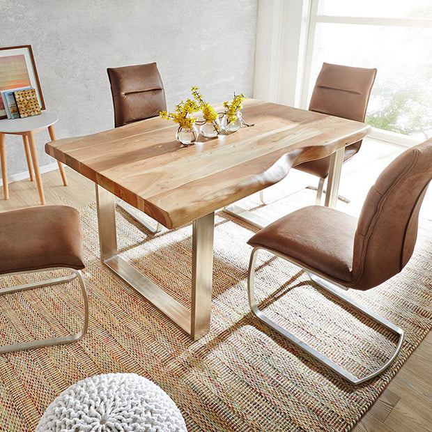 Mesa de madera maciza en tono marrón, mesa con base de trineo de lujo para comedor