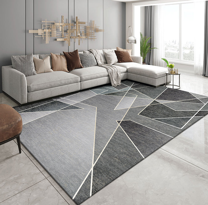 Stylish Grey Area Rug Modern Polyester Area Carpet Geometric Pattern Stain Resistant Rug for Bedroom