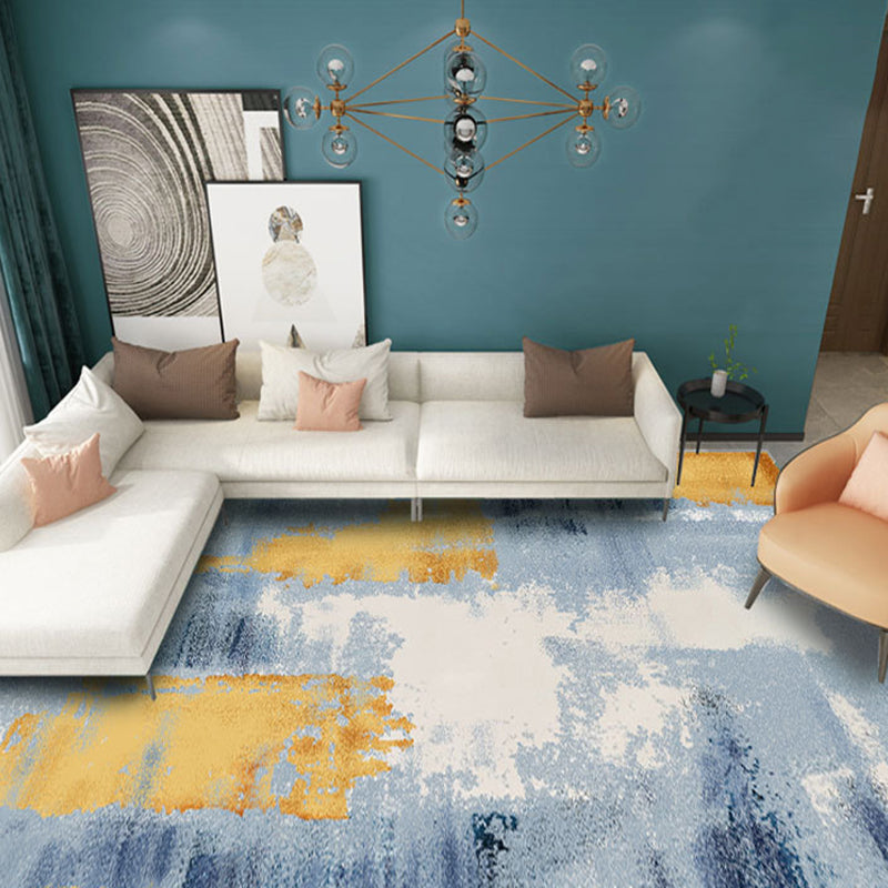 Modern Blue Area Carpet Abstract Pattern Polyester Area Rug Non-Slip Backing Rug for Drawing Room