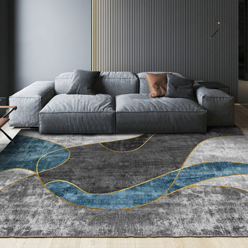 Modern Blue Area Carpet Abstract Pattern Polyester Area Rug Non-Slip Backing Rug for Drawing Room