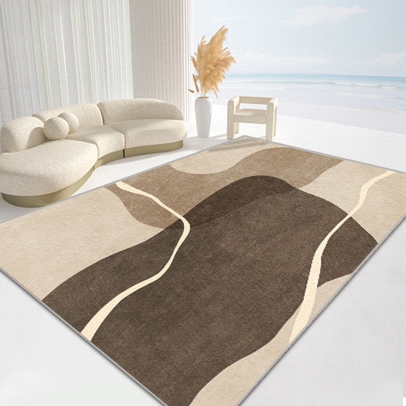 Modern Living Room Area Rug Brown Color Block Area Carpet Polyester Anti-Slip Area Rug