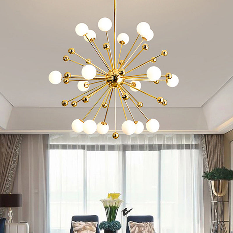 Designer Starburst Metal Chandelier Multi Lights Gold Ceiling Pendant Lamp with White Glass Ball Shade, 23.5"/31.5"/39" Wide