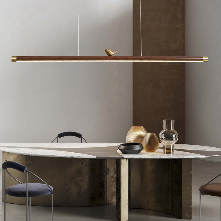 Modern Wood Chandelier Lamp 1-Light Linear LED Island Pendant for Study Room