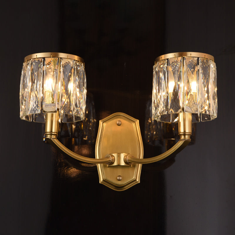 Multi-Lights Half Cylinder Wall Sconce Modern Style Crystal Wall Mount Light Fixture in Brass