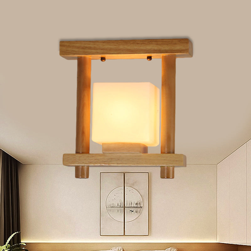 Plafonnier carré en verre dépoli contemporain, lampe semi-encastrée à 1 lumière en bois pour escalier