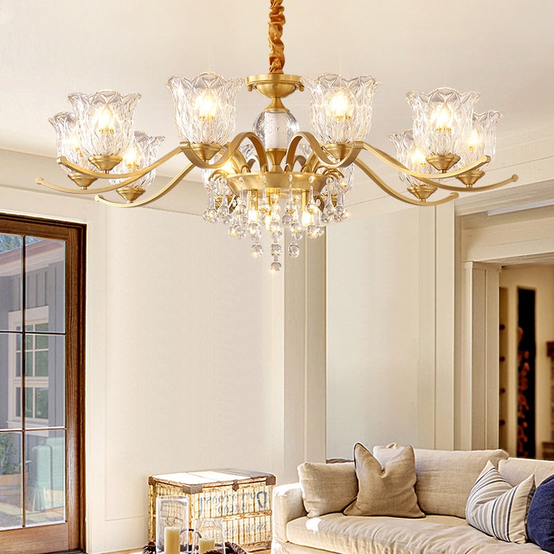 European Style Chandelier Brass Flower Shape Hanging Light with Crystal for Bedroom